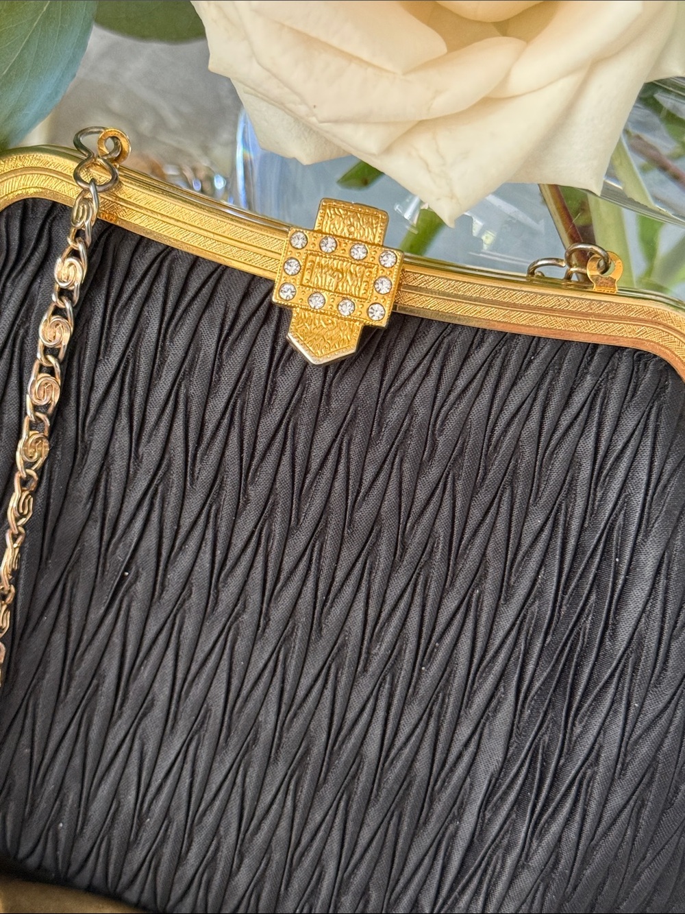 Carla Marchi Classic Black Satin Evening Bag Accordion Pleat Crystal Gold Clasp - Picture 2 of 8